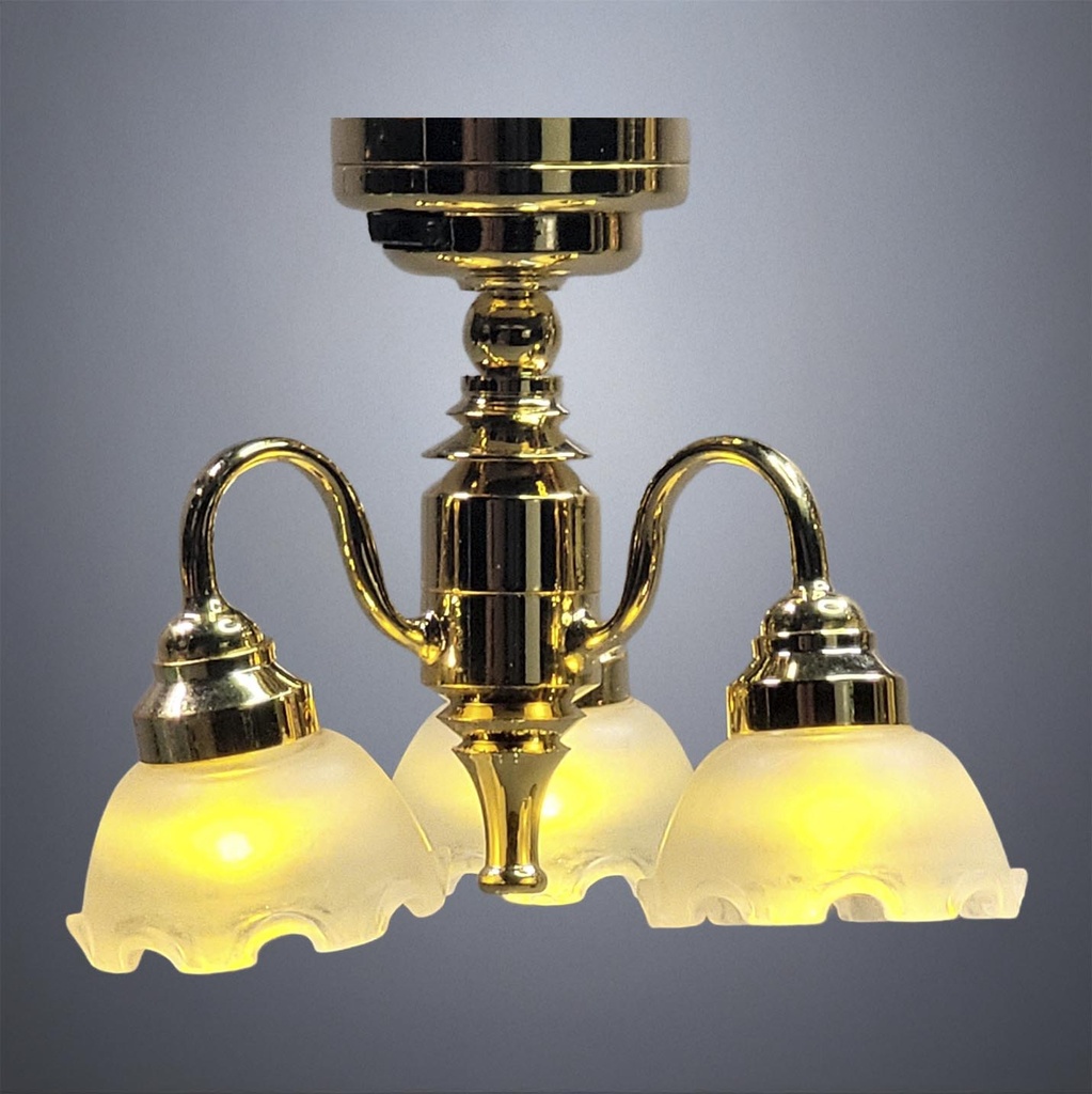 Brass Miniature Chandelier for Elegant Dollhouse Rooms with Three Flower Glass Shades - Battery Operated LED