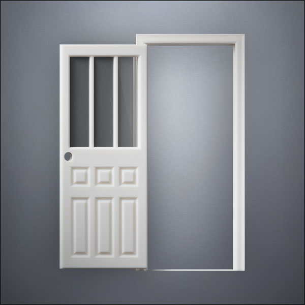 modern thin-frame Rutherford Window Door with fancy-profile frame and brass hardware, shown open in front view