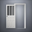 modern thin-frame Rutherford Window Door with fancy-profile frame and brass hardware, shown open in front view