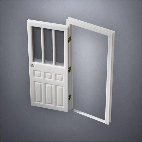 modern thin-frame Rutherford Window Door with fancy-profile frame and brass hardware, shown open in perspective view