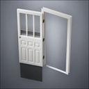 modern thin-frame Rutherford Window Door with fancy-profile frame and brass hardware, shown open with the removable pane separated in perspective view