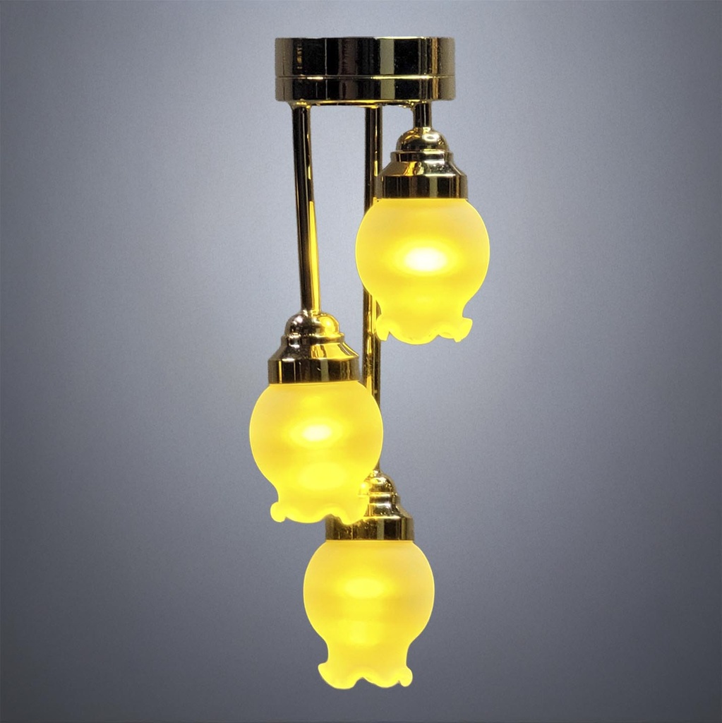 Brass Overhead Ceiling Fixture for Miniatures with Three Tulip Shades - Battery Operated LED