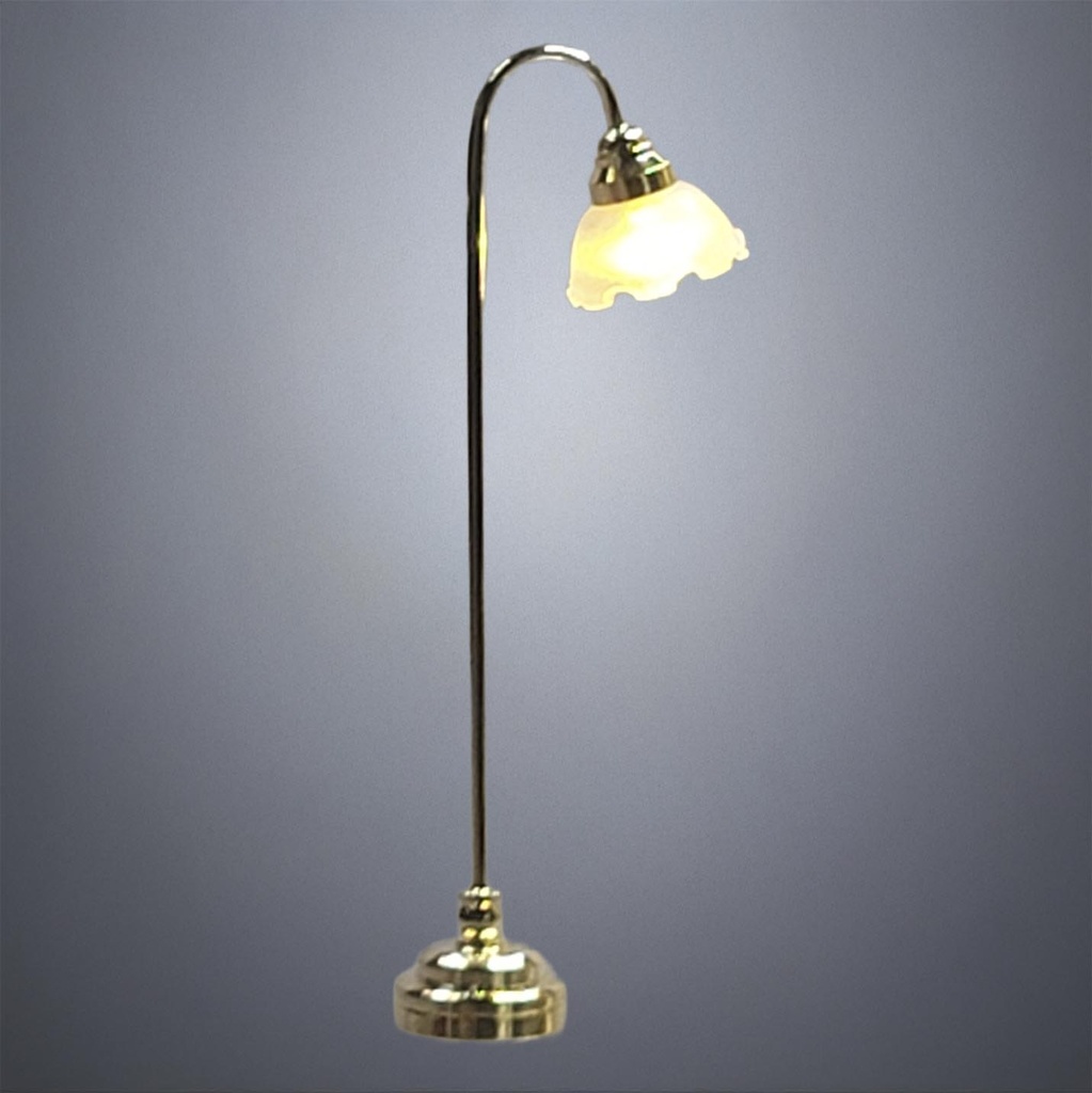 Brass Standing Floor Lamp with Flower Frosted Glass Shade - Battery Operated LED