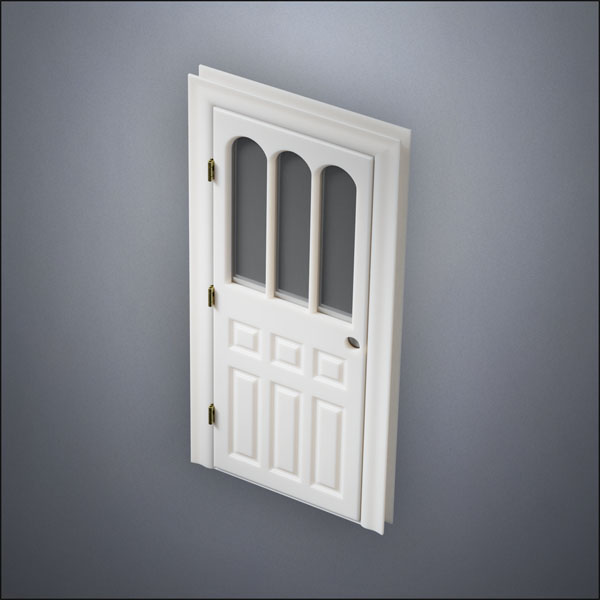 classic thick-frame Rounded Rutherford Window Door with fancy-profile frame and brass hardware, shown closed in perspective view