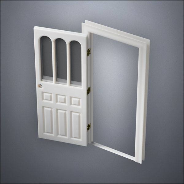 classic thick-frame Rounded Rutherford Window Door with fancy-profile frame and brass hardware, shown open in perspective view