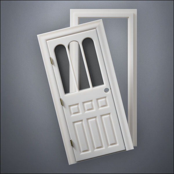 classic thick-frame Rounded Rutherford Window Door with fancy-profile frame and brass hardware, shown split open in front view