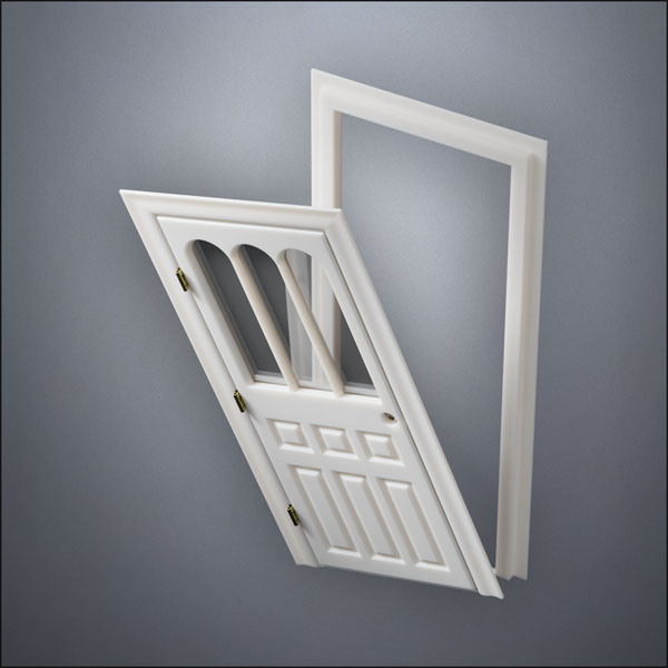 classic thick-frame Rounded Rutherford Window Door with fancy-profile frame and brass hardware, shown split open in perspective view