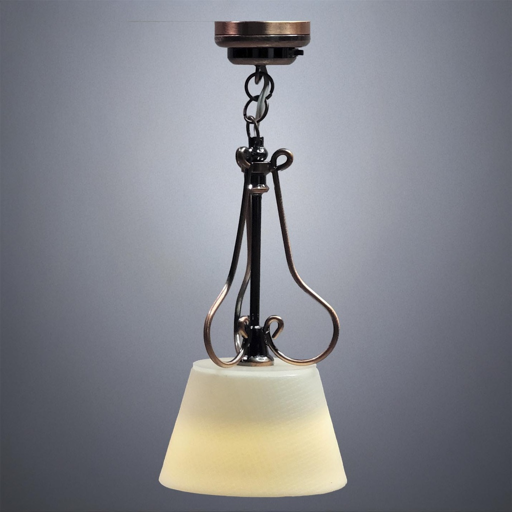 Bronze Overhead Ceiling Fixture for Miniatures with Hanging Cone Shade - Battery Operated LED
