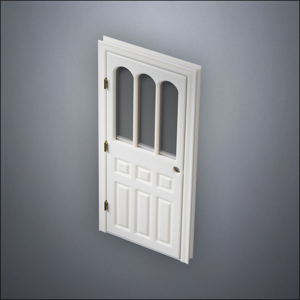 modern thin-frame Rounded Rutherford Window Door with fancy-profile frame and brass hardware, shown closed in perspective view