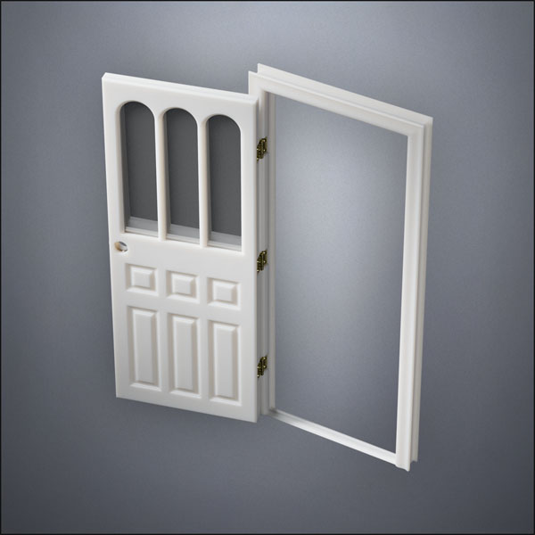 modern thin-frame Rounded Rutherford Window Door with fancy-profile frame and brass hardware, shown open in perspective view
