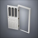 modern thin-frame Rounded Rutherford Window Door with fancy-profile frame and brass hardware, shown open in perspective view