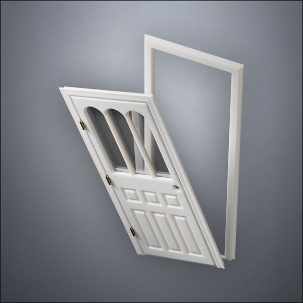 modern thin-frame Rounded Rutherford Window Door with fancy-profile frame and brass hardware, shown split open in perspective view