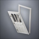 modern thin-frame Rounded Rutherford Window Door with fancy-profile frame and brass hardware, shown split open in perspective view