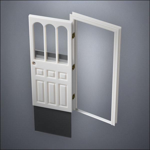 modern thin-frame Rounded Rutherford Window Door with fancy-profile frame and brass hardware, shown open with the removable pane separated in perspective view