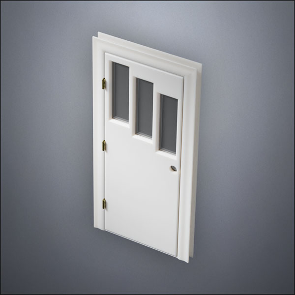 classic thick-frame Three Stepped Windows Door with fancy-profile frame and brass hardware, shown closed in perspective view