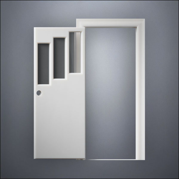 classic thick-frame Three Stepped Windows Door with fancy-profile frame and brass hardware, shown open in front view