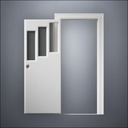 classic thick-frame Three Stepped Windows Door with fancy-profile frame and brass hardware, shown open in front view