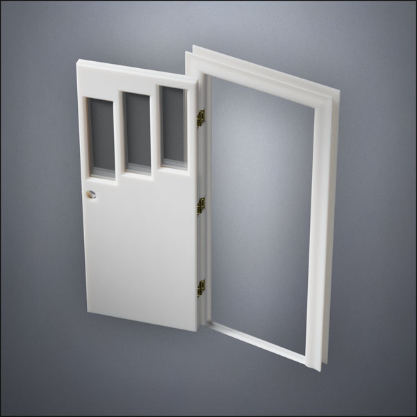 classic thick-frame Three Stepped Windows Door with fancy-profile frame and brass hardware, shown open in perspective view