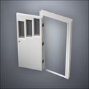 classic thick-frame Three Stepped Windows Door with fancy-profile frame and brass hardware, shown open in perspective view