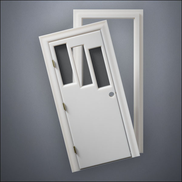 classic thick-frame Three Stepped Windows Door with fancy-profile frame and brass hardware, shown split open in front view