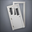 classic thick-frame Three Stepped Windows Door with fancy-profile frame and brass hardware, shown split open in front view