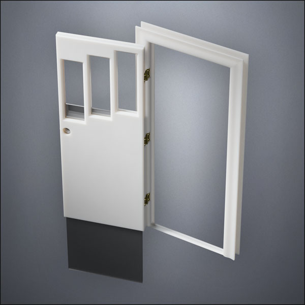 classic thick-frame Three Stepped Windows Door with fancy-profile frame and brass hardware, shown open with the removable pane separated in perspective view
