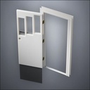 classic thick-frame Three Stepped Windows Door with fancy-profile frame and brass hardware, shown open with the removable pane separated in perspective view