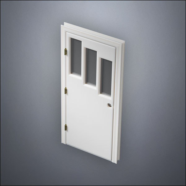 modern thin-frame Three Stepped Windows Door with fancy-profile frame and brass hardware, shown closed in perspective view