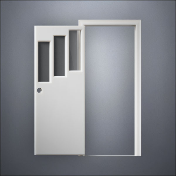 modern thin-frame Three Stepped Windows Door with fancy-profile frame and brass hardware, shown open in front view