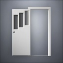 modern thin-frame Three Stepped Windows Door with fancy-profile frame and brass hardware, shown open in front view
