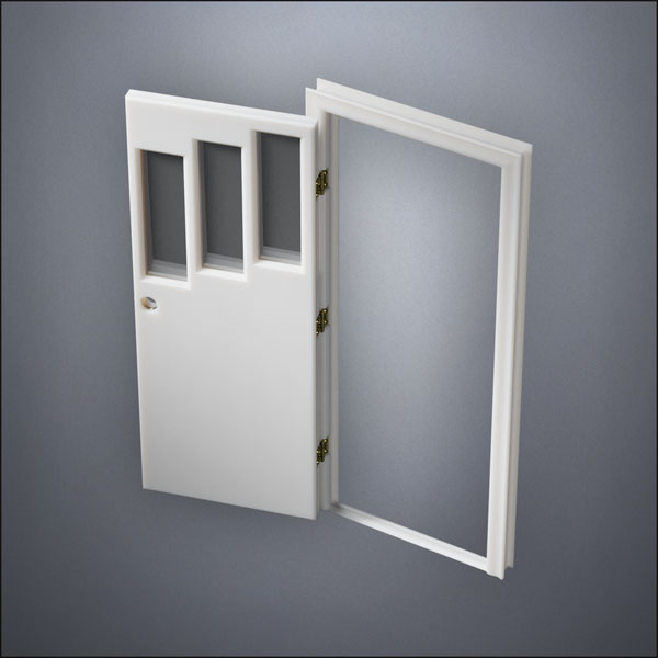 modern thin-frame Three Stepped Windows Door with fancy-profile frame and brass hardware, shown open in perspective view