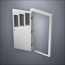modern thin-frame Three Stepped Windows Door with fancy-profile frame and brass hardware, shown open in perspective view