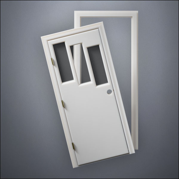modern thin-frame Three Stepped Windows Door with fancy-profile frame and brass hardware, shown split open in front view