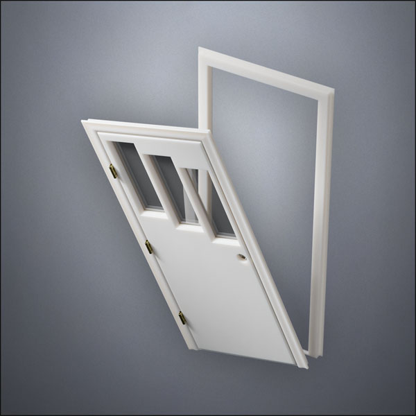 modern thin-frame Three Stepped Windows Door with fancy-profile frame and brass hardware, shown split open in perspective view