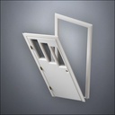 modern thin-frame Three Stepped Windows Door with fancy-profile frame and brass hardware, shown split open in perspective view