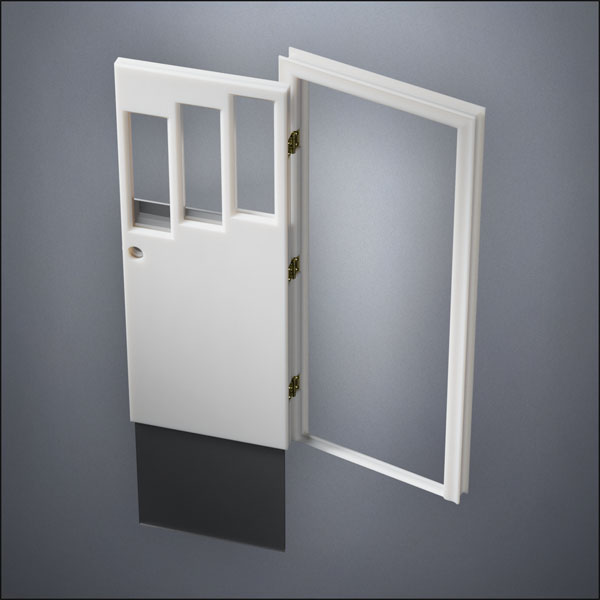 modern thin-frame Three Stepped Windows Door with fancy-profile frame and brass hardware, shown open with the removable pane separated in perspective view