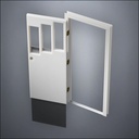 modern thin-frame Three Stepped Windows Door with fancy-profile frame and brass hardware, shown open with the removable pane separated in perspective view