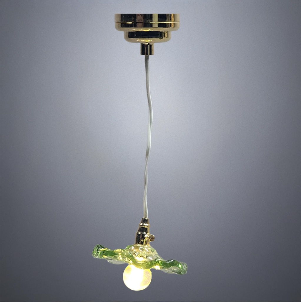 Hanging Ceiling Light with Green Flower Shade - Battery Operated LED