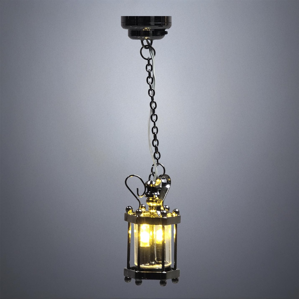 Hanging Hexagon Lantern in Gunmetal Gray with Glass - Battery Operated LED