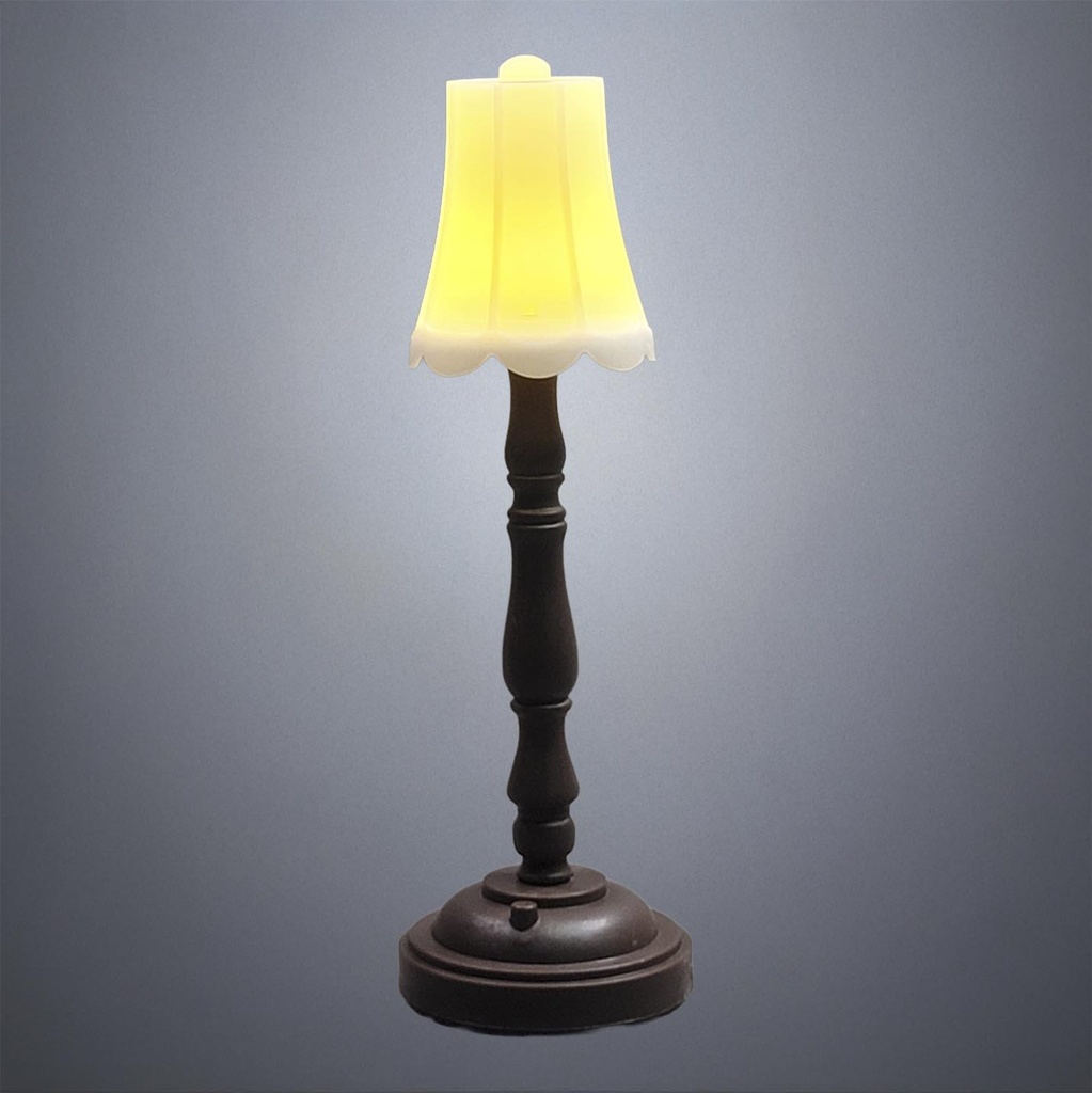Standing Brown Plastic Floor Lamp with White Bell Shade - Battery Operated LED