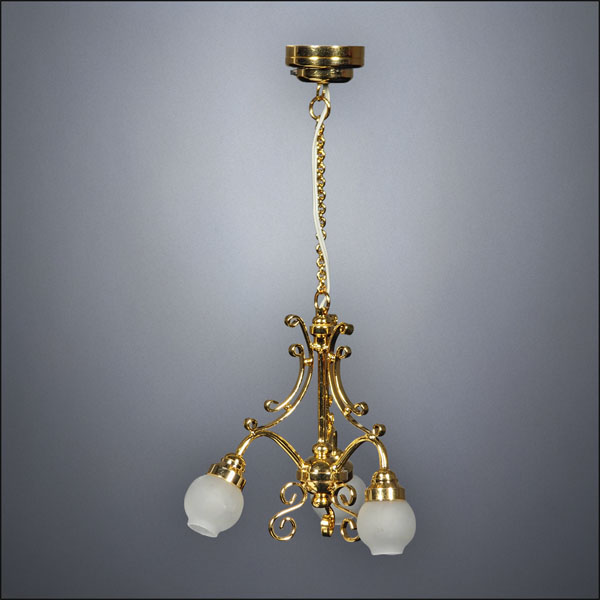 Brass Three-Shade Chandelier with Frosted Globes – Battery Operated LED