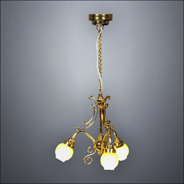 Brass Three-Shade Chandelier with Frosted Globes – Battery Operated LED