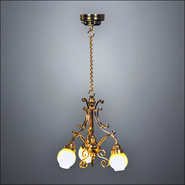 Brass Three-Shade Chandelier with Frosted Globes – Battery Operated LED
