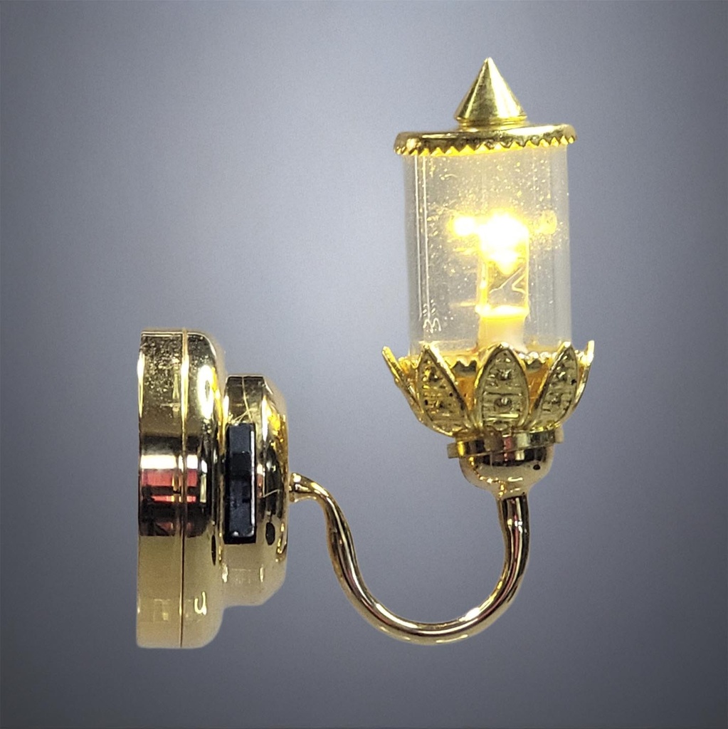 Brass Wall Lamp with Glass Cylinder and Pointed Top - Battery Operated LED