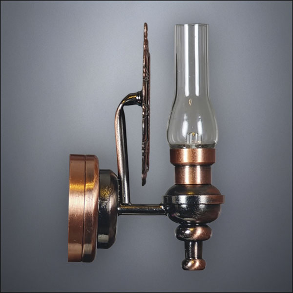 Wall-mounted Glass Hurricane Lamp with Antique Bronze Reflector - Battery Operated LED