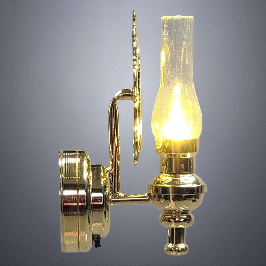 Wall Glass Hurricane Lamp with Brass Reflector - Battery Operated LED