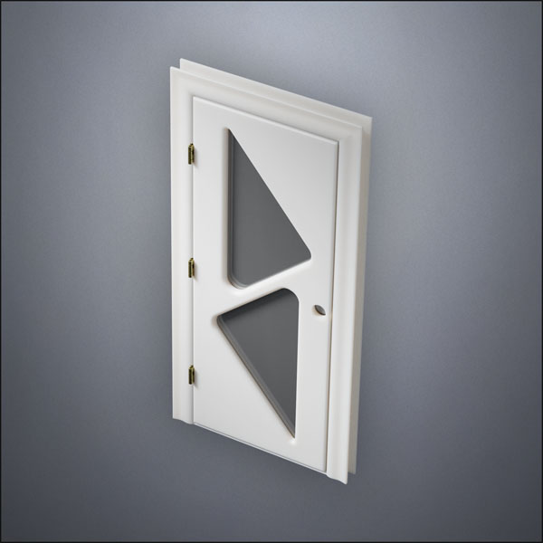 classic thick-frame Two Triangle Windows Door with fancy-profile frame and brass hardware, shown closed in perspective view
