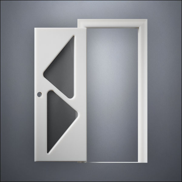 classic thick-frame Two Triangle Windows Door with fancy-profile frame and brass hardware, shown open in front view