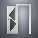 classic thick-frame Two Triangle Windows Door with fancy-profile frame and brass hardware, shown open in front view