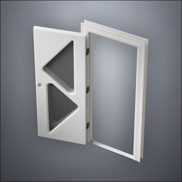 classic thick-frame Two Triangle Windows Door with fancy-profile frame and brass hardware, shown open in perspective view